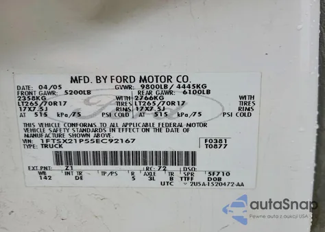 2005 Ford F250 Super Duty из США, поврежденный, VIN 1FTSX21P55EC92167